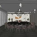 Spacious Modern Private Dining Room With Large Round Table Chandelier And Windows 3d model