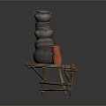 Rustic Wooden Table With Stacked Pottery Jars And Small Terracotta Pots
