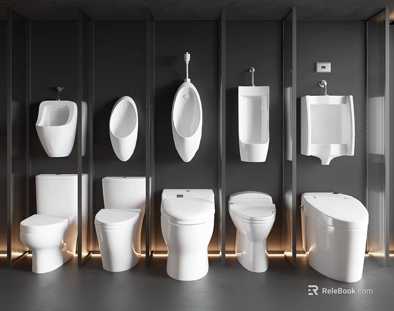 Various Types Of Modern Toilets And Urinals Display In Bathroom Setting 3d model 