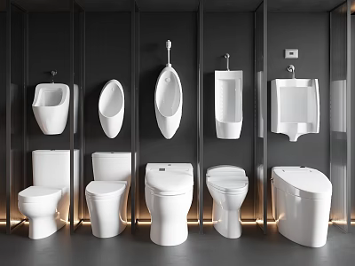Various Types Of Modern Toilets And Urinals Display In Bathroom Setting 3d model