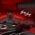 Elegant Red Themed Banquet Hall With Chandeliers Stage Cake And Decorations