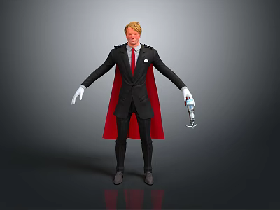 3D Humanoid Character With Blonde Hair Black Suit Red Cape White Gloves And Holding Device 3d model