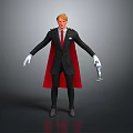 3D Humanoid Character With Blonde Hair Black Suit Red Cape White Gloves And Holding Device