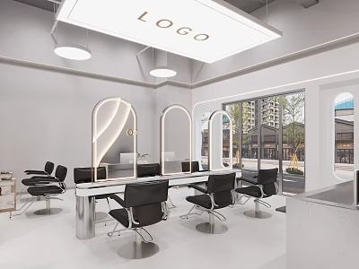Bright Modern Beauty Hairdressing Salon Interior With Arched Lighted Mirrors And Comfortable Professional Styling Chairs 3d model