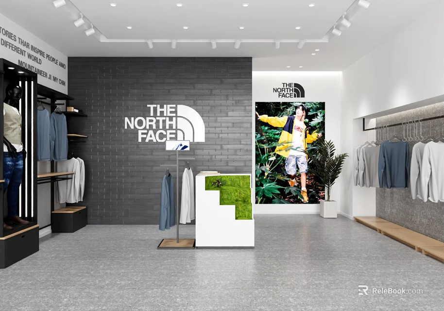 The North Face Clothing Store with Hanging Apparel Poster Display and Green Plants 3d model 