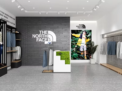 The North Face Clothing Store with Hanging Apparel Poster Display and Green Plants 3d model