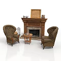 Classic Interior Architecture Featuring Carved Fireplace Brown Armchairs Side Table And Decorative Frame