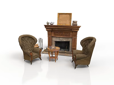 Classic Interior Architecture Featuring Carved Fireplace Brown Armchairs Side Table And Decorative Frame 3d model