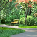 Scenic Park Garden With Tall Arbor Trees Wooden Bench Lamp Post Green Bushes And Pathway
