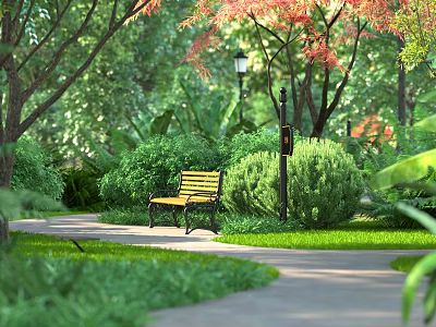 Scenic Park Garden With Tall Arbor Trees Wooden Bench Lamp Post Green Bushes And Pathway 3d model
