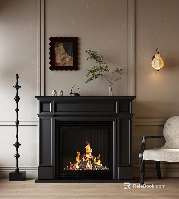Cozy Living Room With Black Fireplace Burning Fire And Decor 3d model 