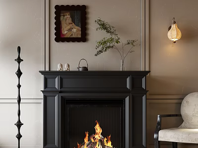 Cozy Living Room With Black Fireplace Burning Fire And Decor 3d model