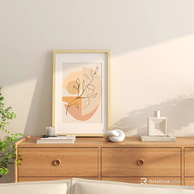 Wooden Entryway Console Table With Framed Art Books Decorative Items And Green Plant 3d model 
