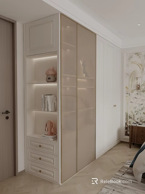 Modern Wardrobe Interior Design With Glass Doors Shelves And Decorative Items 3d model 