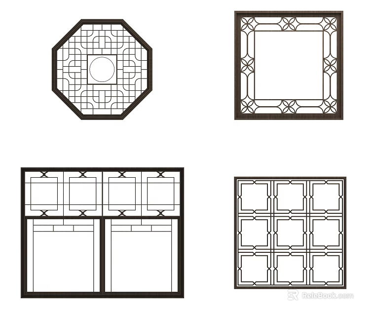 Traditional Carved Lattice Windows With Octagonal Square And Multi Grid Patterns 3d model 