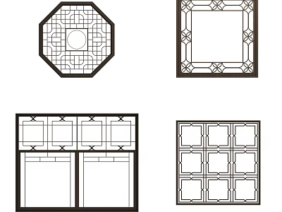 Traditional Carved Lattice Windows With Octagonal Square And Multi Grid Patterns 3d model