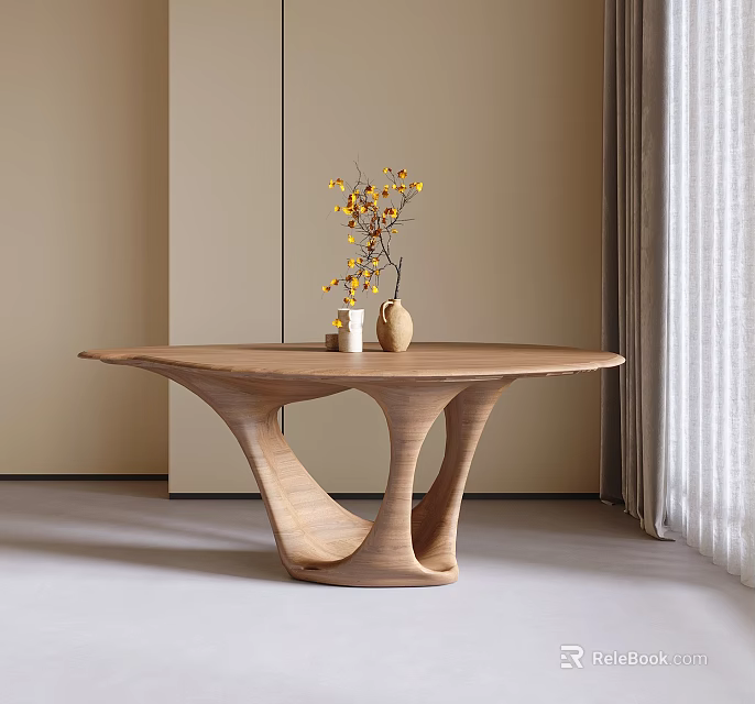 Modern Wooden Dining Table With Organic Curved Legs And Vase With Yellow Flowers 3d model 