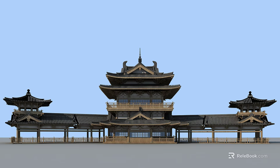 Ancient Chinese Architectural Complex Featuring Multi Story Tower Curved Eaves And Symmetrical Design 3d model