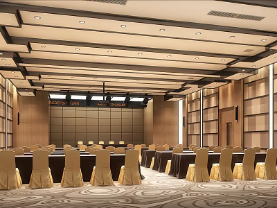 Elegant Conference Room With Wooden Panel Walls Large Front Screen And Arranged Chairs On Carpet 3d model