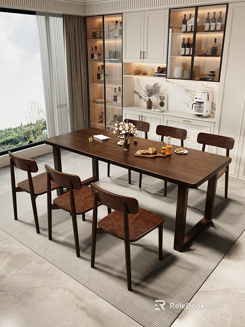 Wooden Dining Table Set With Chairs Flower Vase Fruits And Modern Kitchen View 3d model 