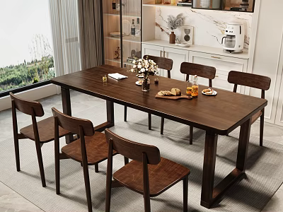 Wooden Dining Table Set With Chairs Flower Vase Fruits And Modern Kitchen View 3d model