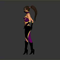 Woman in purple and yellow outfit with black gloves and boots walking pose