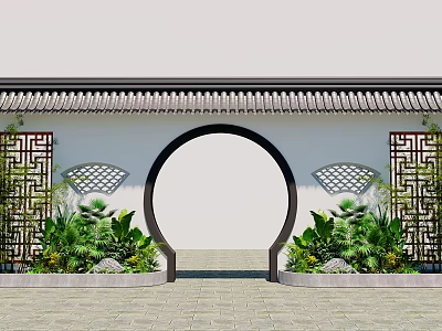 Traditional Chinese Circular Archway with Carved Lattice Windows Green Plants and Gray Tile Roof 3d model