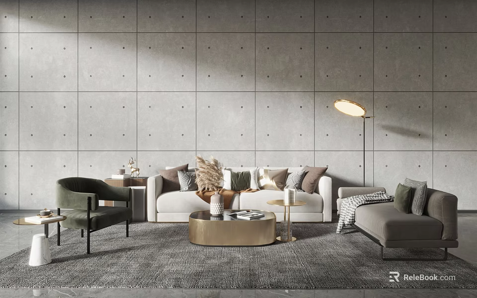 Elegant Modern Sofa and Coffee Table Set With Floor Lamp Throw Pillows and Gray Wall 3d model