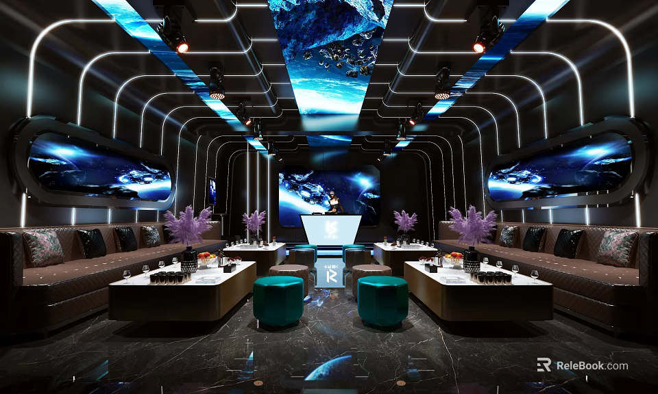 Modern KTV Room Interior With LED Lighting Leather Sofas TV Screens And Purple Decorative Plants 3d model 