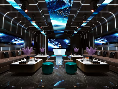 Modern KTV Room Interior With LED Lighting Leather Sofas TV Screens And Purple Decorative Plants 3d model