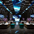 Modern KTV Room Interior With LED Lighting Leather Sofas TV Screens And Purple Decorative Plants