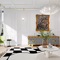 Elegant Living And Dining Area With Chandelier Large Windows Green Plants Beige Armchair And Checkered Cabinet