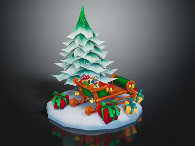 Green Layered Paper Craft Christmas Tree With Decorative Sleigh And Gift Boxes On Snow 3d model