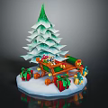 Green Layered Paper Craft Christmas Tree With Decorative Sleigh And Gift Boxes On Snow