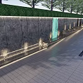 Modern Landscape Wall With Stone Surface Flowing Water And Green Trees