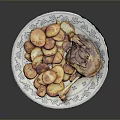Household Dinner Plate With Blue White Pattern And Roasted Chicken Leg Potato Slices