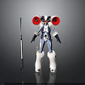 Futuristic Blue And White Mechanical Character With Red Circular Parts Furry Legs And Long Staff