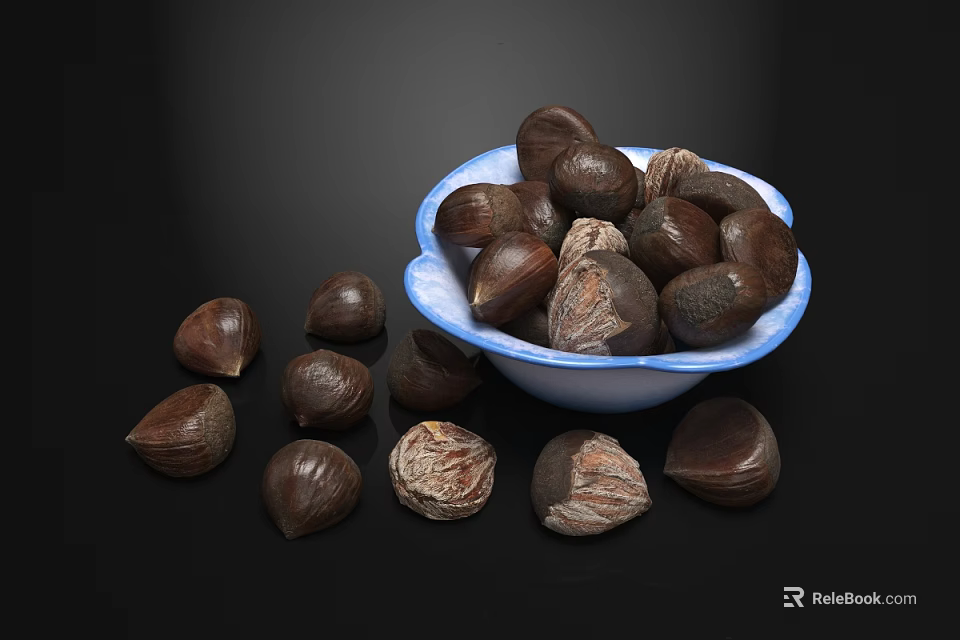 Whole Chestnuts in Blue and White Bowl Scattered Around on Black Background 3d model 