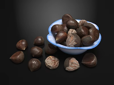 Whole Chestnuts in Blue and White Bowl Scattered Around on Black Background 3d model