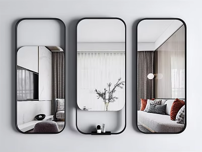 Three Black Framed Mirrors Hanging On White Wall Reflecting Interior Scenes 3d model