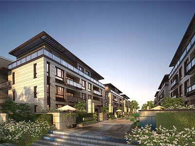 Semi Detached Villa Modern Exterior Design With Landscaped Garden And Courtyard Greenery 3d model