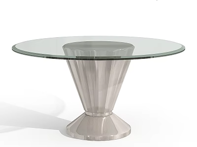 Modern Round Glass Top Dining Table With Silver Fluted Base Sleek Design 3d model
