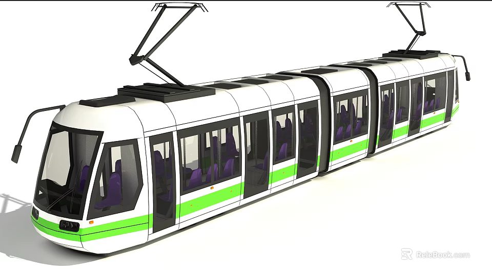 Modern Electric Tram With White Body Green Stripes And Purple Seats Inside 3d model 