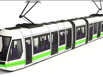 Modern Electric Tram With White Body Green Stripes And Purple Seats Inside 3d model