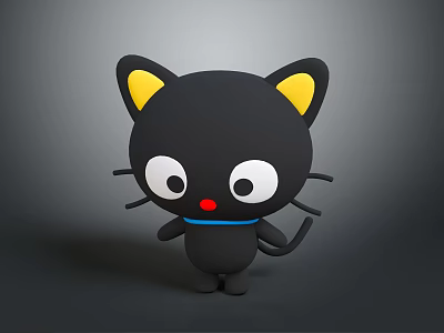 Cartoon Black Cat Character With Yellow Ears Big Eyes Red Nose And Blue Collar 3d model