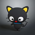Cartoon Black Cat Character With Yellow Ears Big Eyes Red Nose And Blue Collar