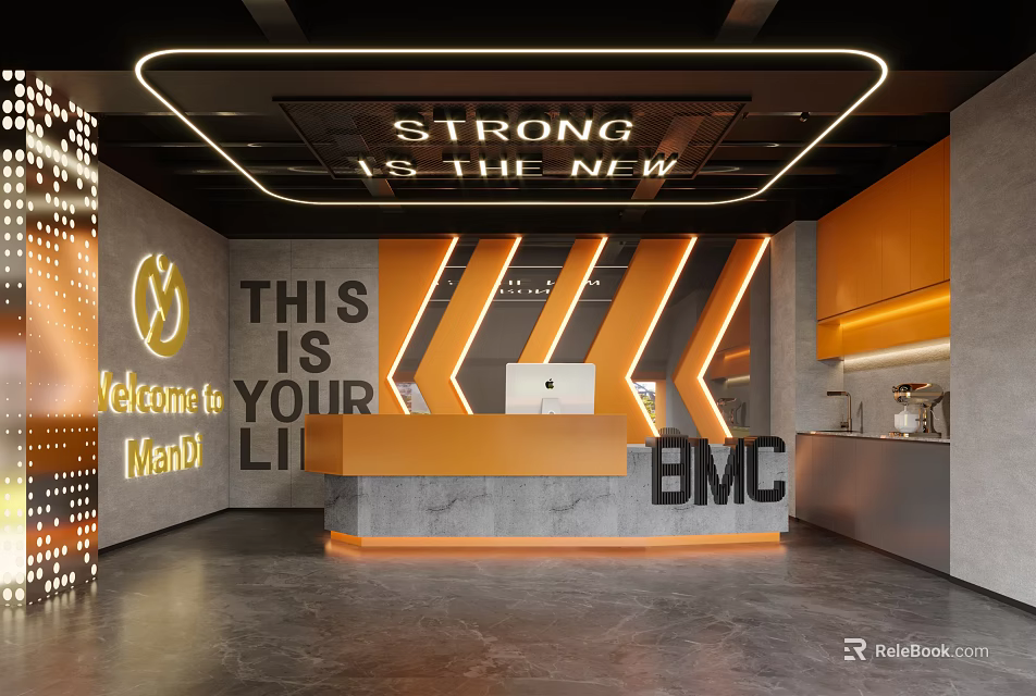Modern Fitness Gym Reception Area Interior Design With Orange Elements 3d model