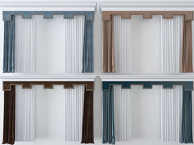 Stylish Double Layer Curtains With Valance In Various Colors And Sheer Fabric 3d model