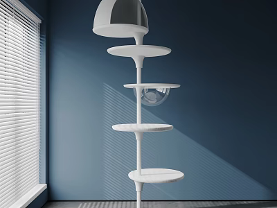 White Multi Tier Cat Tree with Transparent Ball by Blue Wall and Window Blinds 3d model