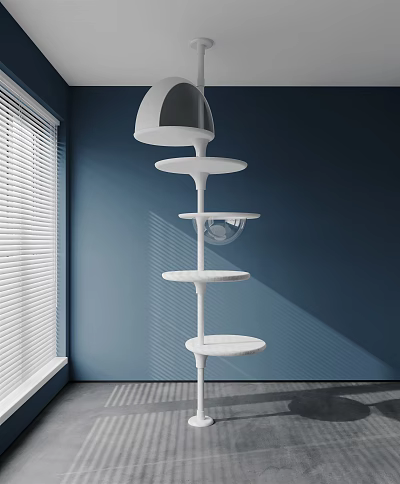 White Multi Tier Cat Tree with Transparent Ball by Blue Wall and Window Blinds 3d model